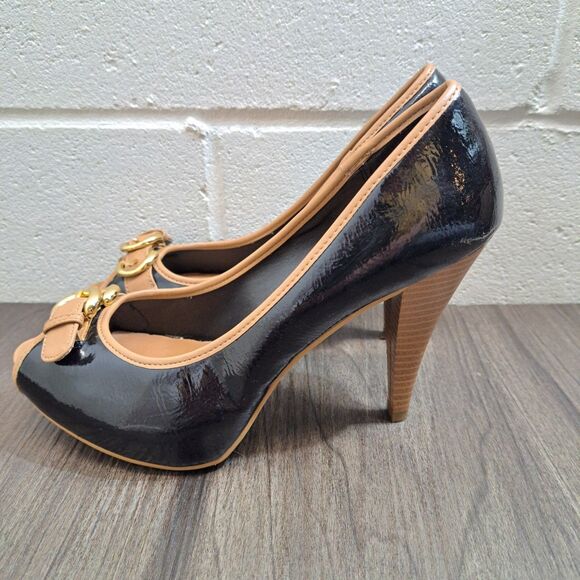 Miss Bisou High Heels Black, Gold Buckle Open Toe Casual Heels Women's Sz 6.5M - Picture 2 of 8